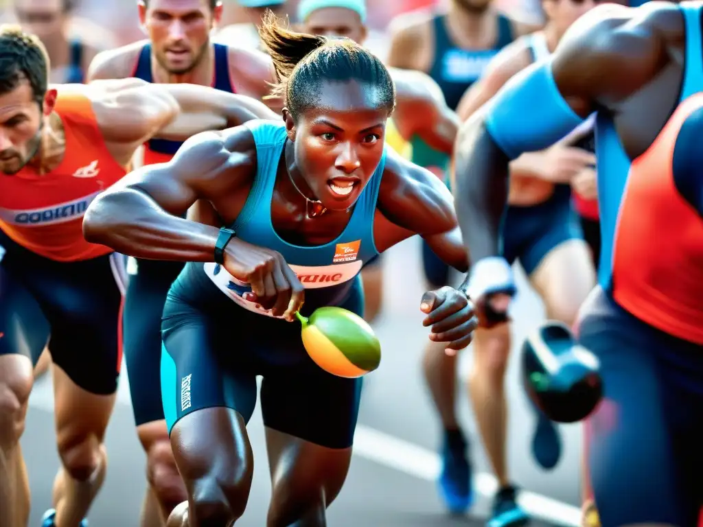 Atletas de élite en carrera extenuante con antioxidantes Un grupo de atletas de élite en una carrera extenuante, con frutas y suplementos antioxidantes
