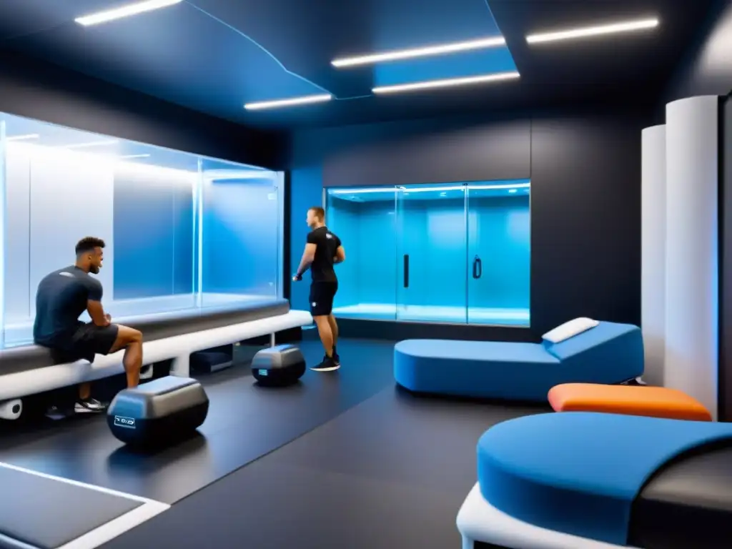 Instalaciones de recuperación avanzada para atletas de élite Grupo de atletas de élite en moderno centro de recuperación, usando suplementos para la recuperación muscular