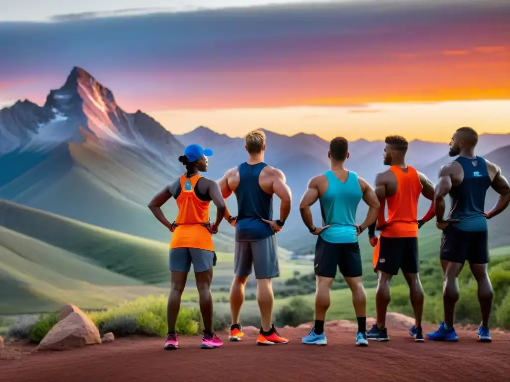 Atletas de élite frente a un atardecer épico Grupo de atletas de élite con ropa deportiva, observando un impresionante atardecer sobre una montaña escarpada