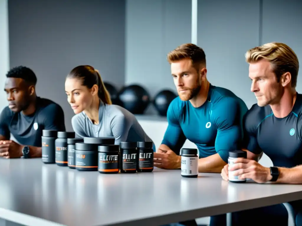 Cumbre innovadora de atletas y nutricionistas: desarrollo de suplementos Un grupo de atletas y nutricionistas de élite colaboran en el desarrollo de suplementos deportivos en un ambiente moderno y enfocado