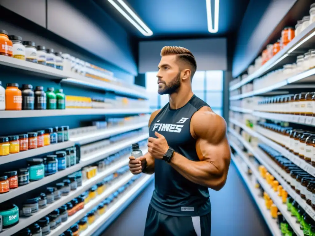 Grupo de atletas profesionales y entrenadores en moderno gimnasio, rodeados de suplementos deportivos