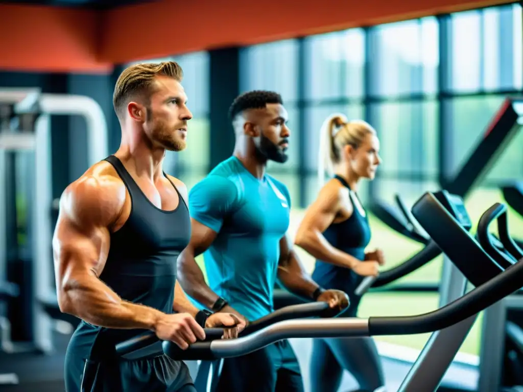 Atletas de élite en entrenamiento intenso con L-theanina Grupo de atletas profesionales entrenando en un gimnasio moderno, mostrando determinación y energía
