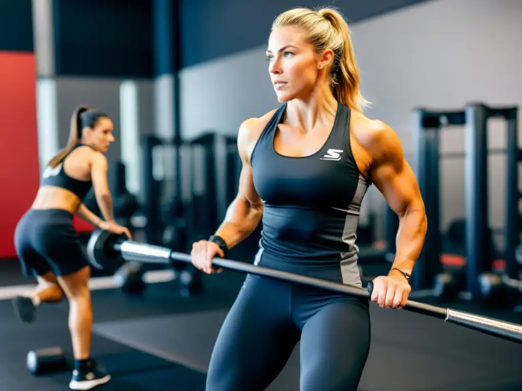 Atletas de élite en acción: entrenamiento intenso en gimnasio de vanguardia Un grupo de atletas profesionales se entrena en un gimnasio de alta tecnología, mostrando determinación y esfuerzo