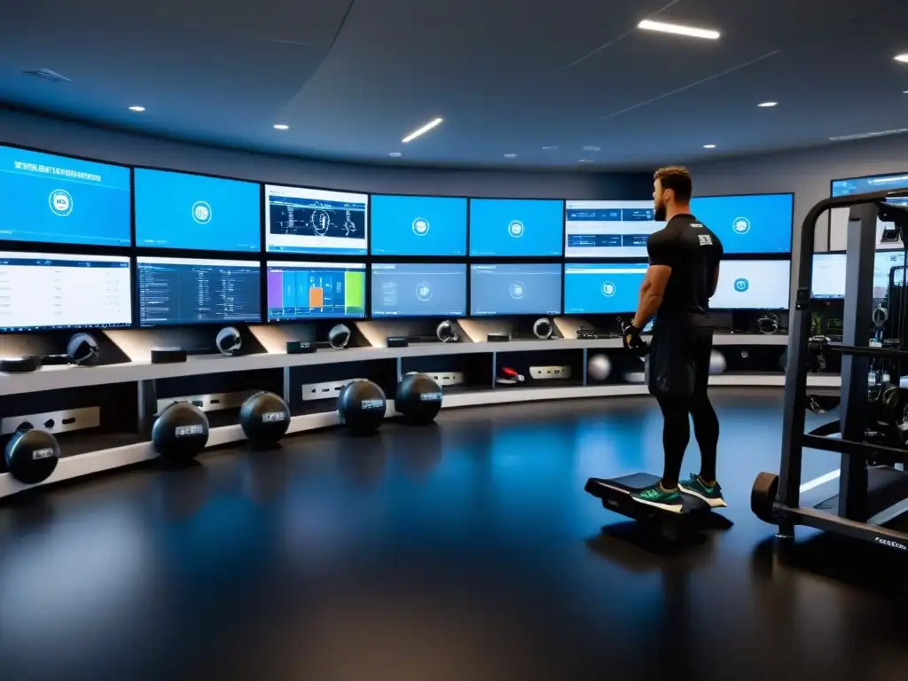 Entrenamiento de élite en laboratorio deportivo de vanguardia Grupo de atletas profesionales en un laboratorio de ciencias del deporte, con equipos de última generación, mostrando su máximo rendimiento físico y la interacción nutrientes suplementos deporte