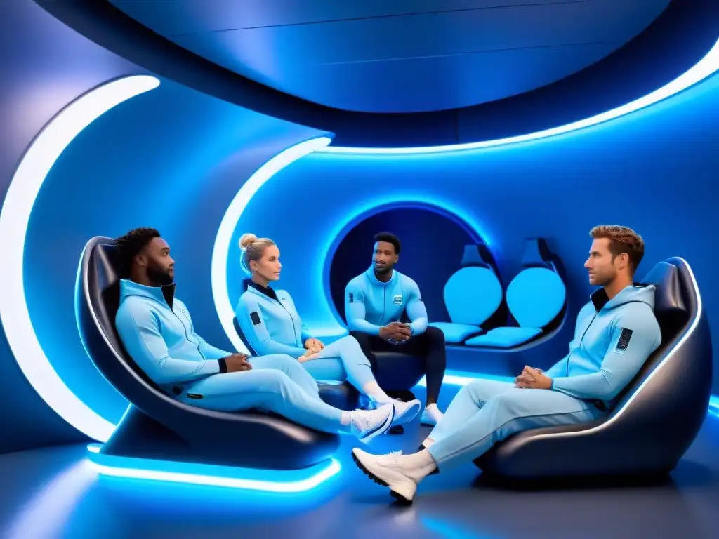 Atletas de élite en moderno centro de recuperación Un grupo de atletas profesionales relajados y concentrados en un lujoso centro de recuperación deportiva, rodeados de tecnología avanzada