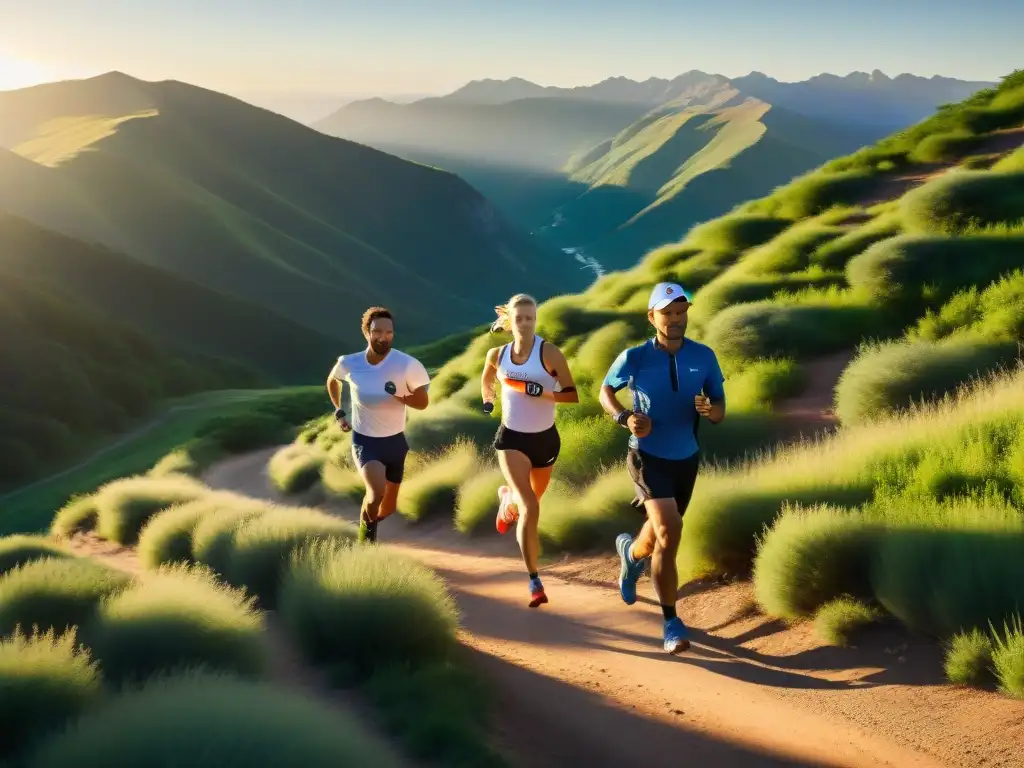 Corredores de montaña desafían al amanecer en paisaje vibrante Grupo de atletas de resistencia corriendo en la montaña al amanecer, mostrando determinación