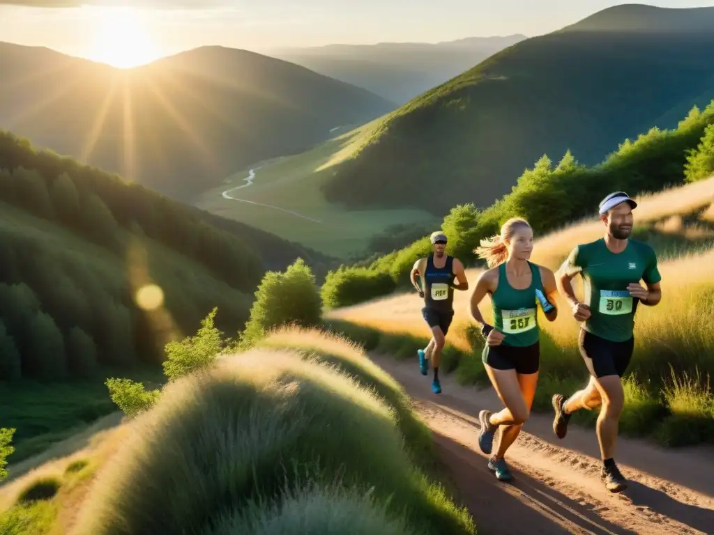 Corredores de resistencia en la montaña al amanecer Grupo de atletas de resistencia corriendo al amanecer en un sendero de montaña, con beneficios antioxidantes en deportes de resistencia