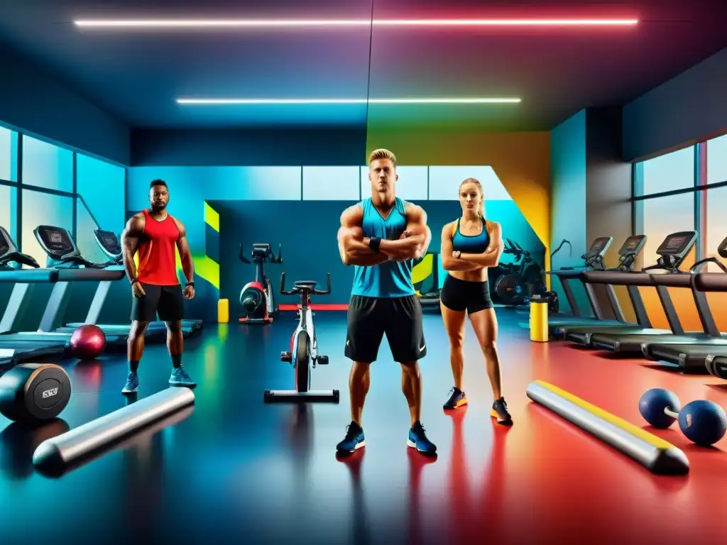 Un grupo de atletas se enfoca y se prepara con suplementos deportivos en un gimnasio moderno y vibrante