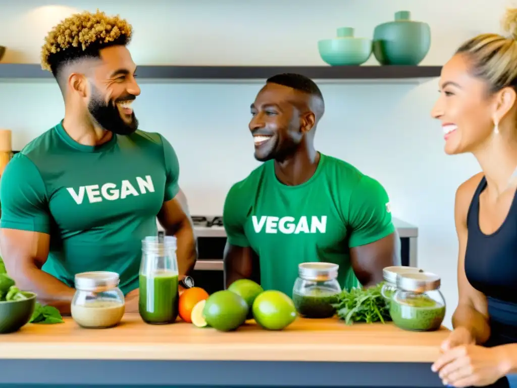 Atletas veganos comparten experiencias con ashwagandha en cocina vibrante Grupo de atletas veganos disfrutan smoothies verdes y hablan de los beneficios suplementos ashwagandha en cocina moderna y vibrante