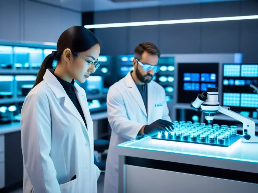 Análisis de cápsulas de liberación prolongada en laboratorio de vanguardia Grupo de científicos analizando cápsulas de suplementos de liberación prolongada bajo microscopios avanzados y maquinaria futurista en un laboratorio de alta tecnología