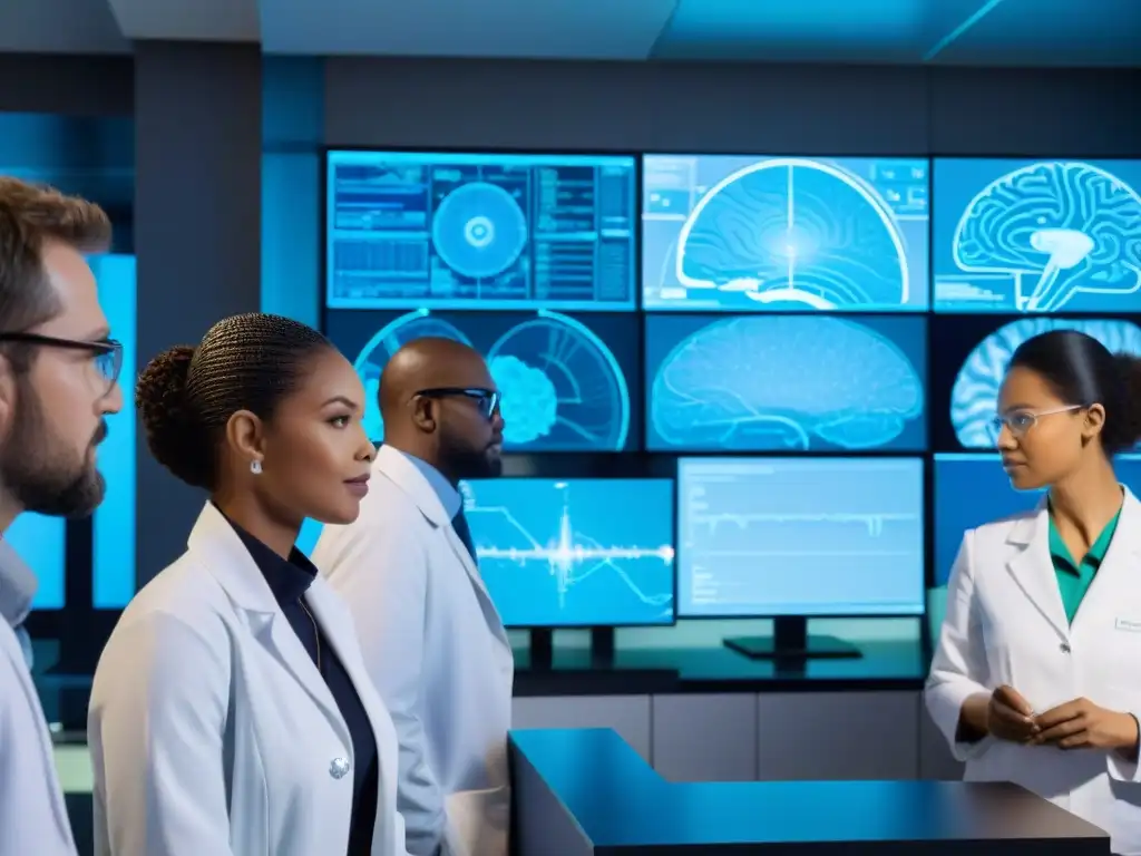 Equipo de científicos en laboratorio de vanguardia explorando nootrópicos Grupo de científicos en laboratorio futurista, trabajando con nootrópicos efectivos para potencial cerebral