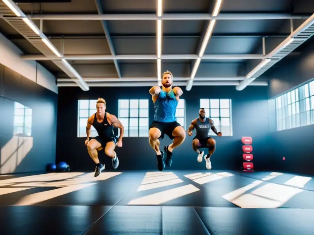 Saltos de caja: Determinación en el gimnasio Un grupo de crossfitters serios saltando enérgicamente en un gimnasio moderno y luminoso, mostrando determinación y tonificados músculos