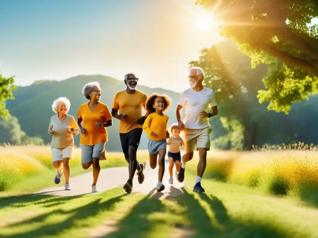 Grupo diverso disfruta de actividades al aire libre bajo el sol, resaltando beneficios vitamina D en diferentes etapas de la vida