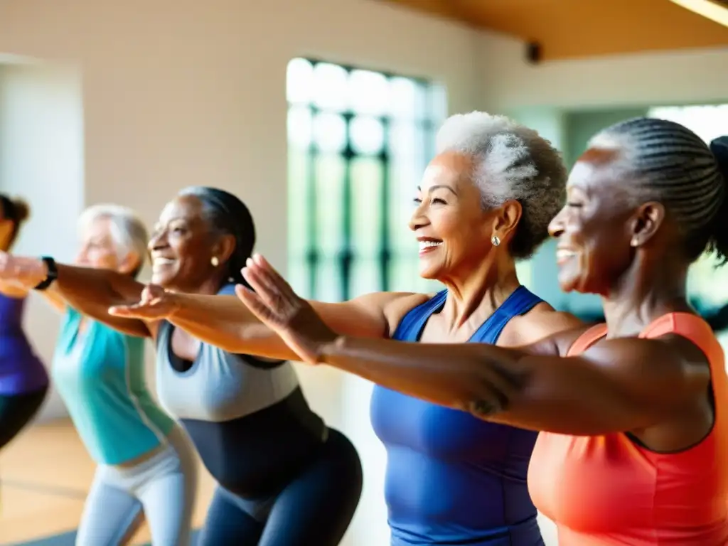 Vitalidad Dorada: Actividad Física y Salud en la Tercera Edad Grupo diverso de adultos mayores activos en un gimnasio moderno y luminoso, irradiando vitalidad y fuerza