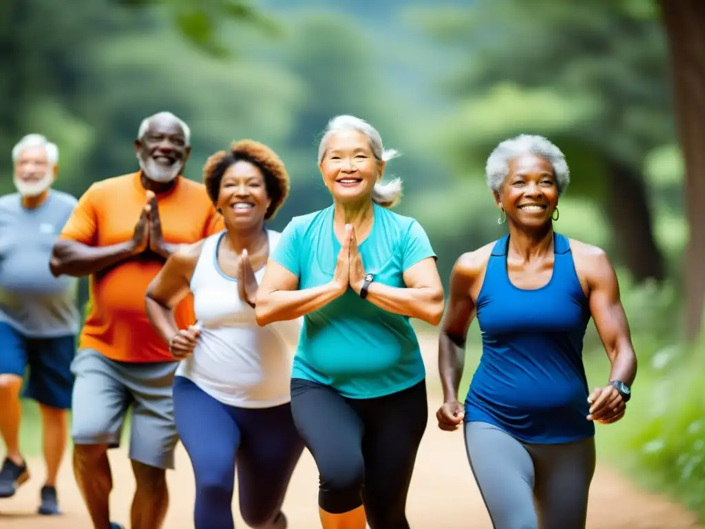 Vitalidad y bienestar: esenciales para un envejecimiento saludable Un grupo diverso de adultos mayores disfruta de actividades físicas como yoga, ciclismo y senderismo, irradiando vitalidad y bienestar, reflejando los beneficios de los aminoácidos esenciales en el envejecimiento saludable