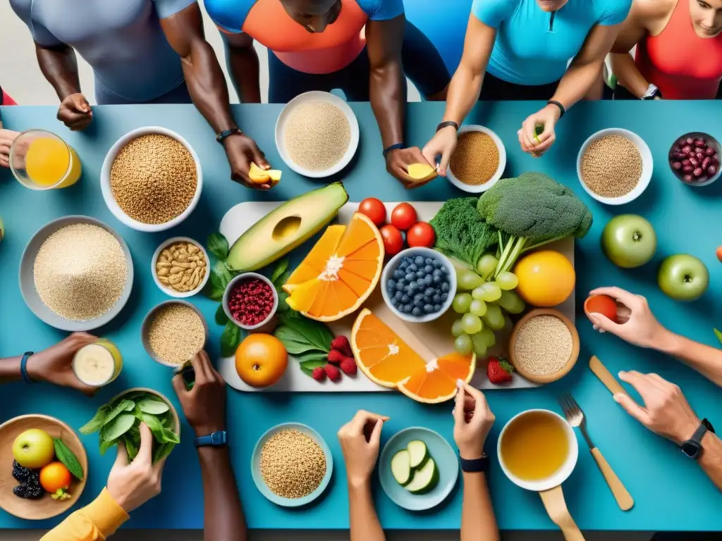Atletas de Resistencia Compartiendo Comida Energética Grupo diverso de atletas en animada charla alrededor de mesa con alimentos ricos en carbohidratos