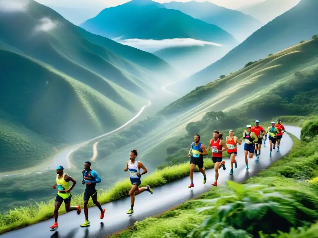Competencia de resistencia: atletas determinados y paisajes impresionantes Un grupo diverso de atletas compite en una carrera de resistencia, destacando los beneficios antioxidantes en deportes de resistencia