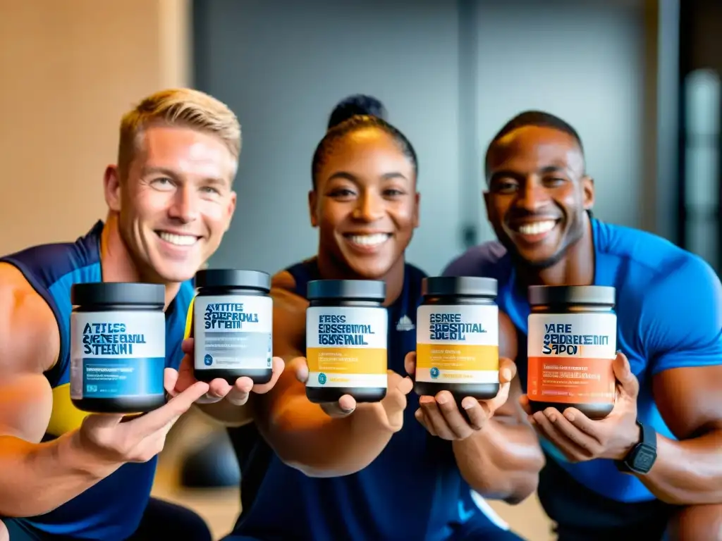 Atletas con discapacidad: Suplementos personalizados para el éxito Un grupo diverso de atletas con discapacidad se prepara en un moderno centro de entrenamiento, adaptando suplementos para atletas discapacitados