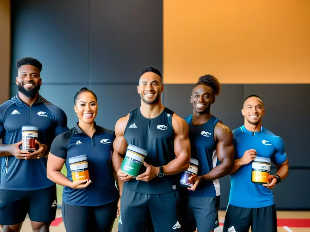 Atletas con discapacidad: suplementos personalizados para rendimiento Un grupo diverso de atletas con discapacidades se prepara en un moderno centro de entrenamiento, adaptando suplementos para atletas discapacitados