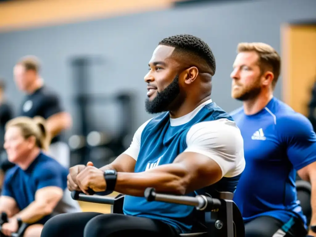 Atletas con discapacidad desafían límites en gimnasio inclusivo Un grupo diverso de atletas con discapacidades se ejercita en un moderno centro de entrenamiento, adaptando suplementos para atletas discapacitados