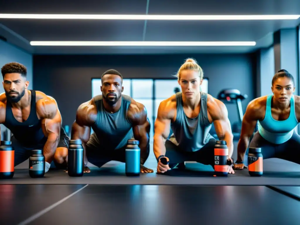 Atletas determinados listos para el entrenamiento con suplementos modernos Grupo diverso de atletas enfocados, listos para el entrenamiento con suplementos preentrenamiento para energía explosiva