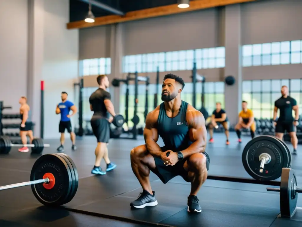 Atletas en Gimnasio Moderno: Entrenamiento y Proteínas Grupo diverso de atletas en un gimnasio moderno, consumiendo proteínas para Crossfit y entrenando intensamente para mejorar su rendimiento
