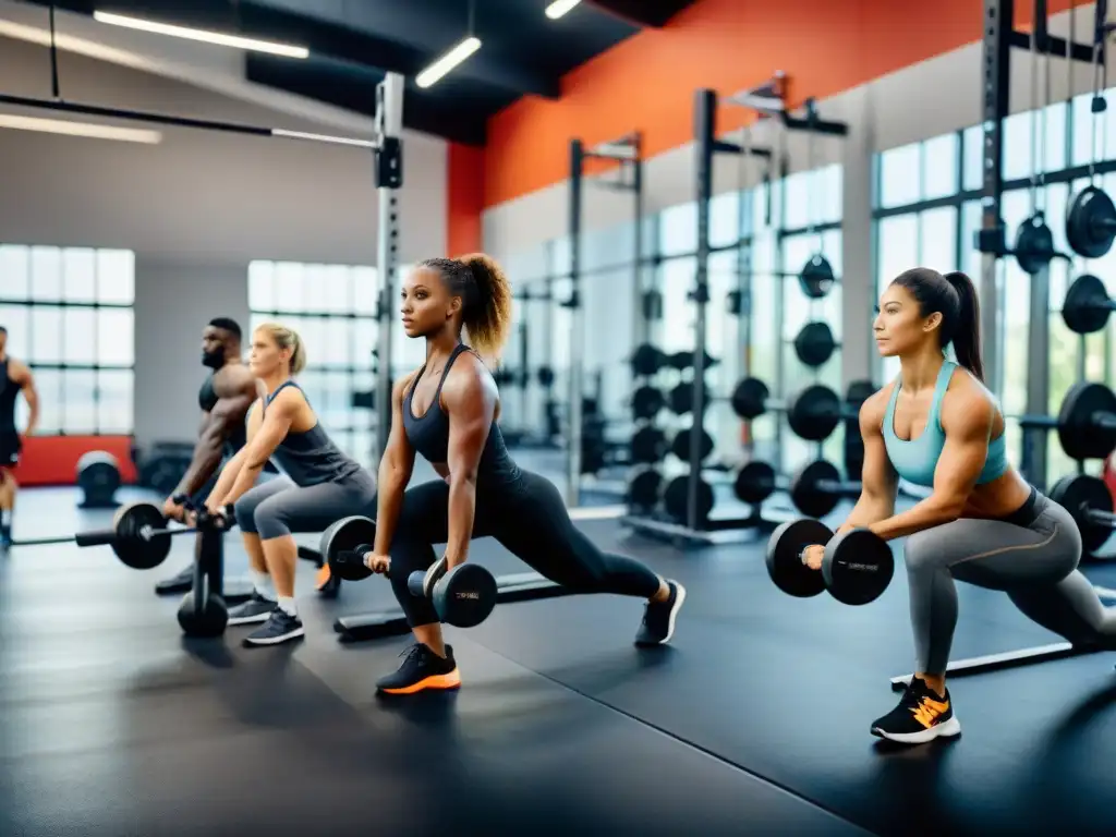 Atletas de fuerza en gimnasio moderno Grupo diverso de atletas entrenando con determinación en un gimnasio moderno, usando pesas y máquinas de resistencia