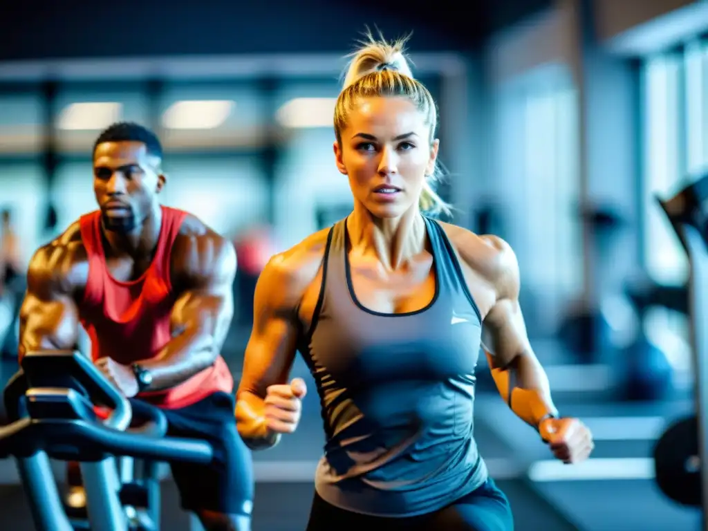 Atletas de élite se preparan con determinación en un gimnasio moderno Grupo diverso de atletas en intenso entrenamiento preentrenamiento, en moderno gimnasio