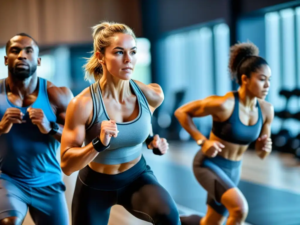 Atletas en entrenamiento: diversidad y determinación en acción Grupo diverso de atletas en intenso entrenamiento en moderno gimnasio