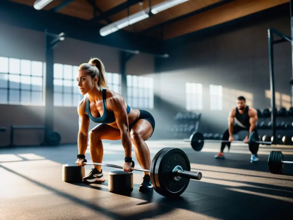 Atletas de Crossfit en un gimnasio de alta tecnología Un grupo diverso de atletas levanta pesas en un gimnasio de última generación, con determinación en sus ojos y sudor brillando en sus músculos