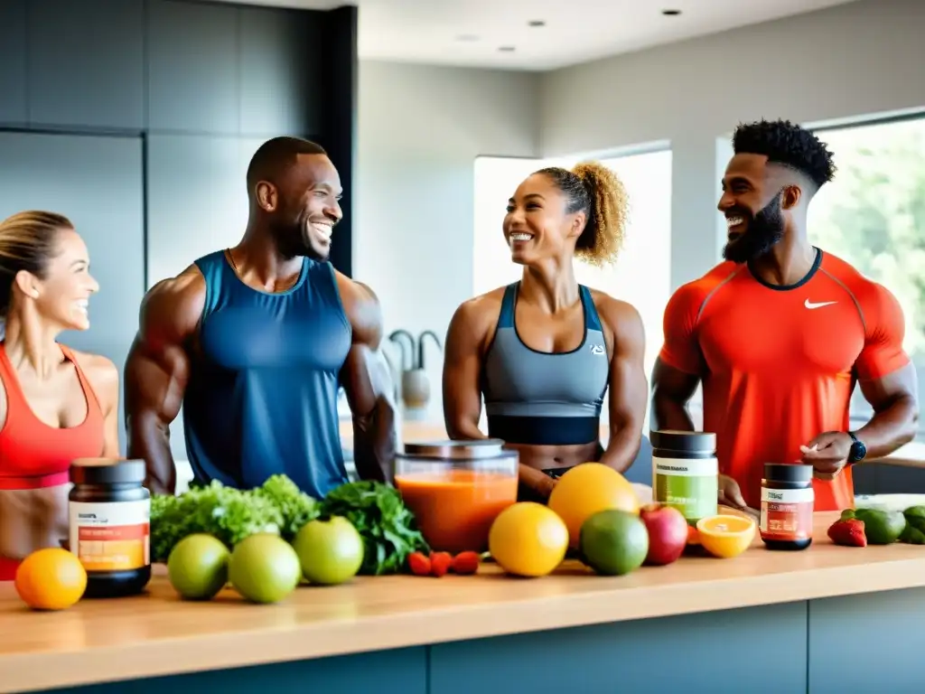 Atletas consumiendo antioxidantes en cocina moderna Un grupo diverso de atletas sonrientes conversa y consume alimentos antioxidantes en una cocina moderna con diseño minimalista