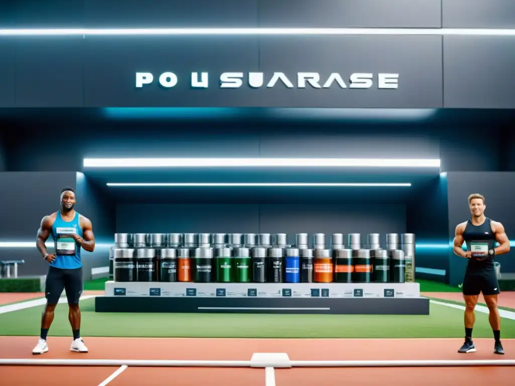 Atletas en Acción: Suplementos de Alto Rendimiento en Instalación Futurista Grupo diverso de atletas en acción, con suplementos de liberación sostenida rendimiento, en un centro deportivo futurista