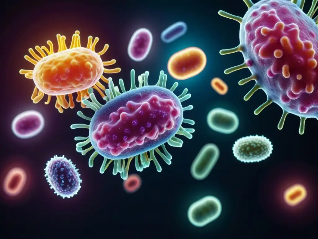 Microbiota probiótica: diversidad vibrante y dinámica Un grupo diverso de bacterias probióticas en una composición dinámica y detallada, con colores vibrantes y formas únicas, sobre un fondo futurista