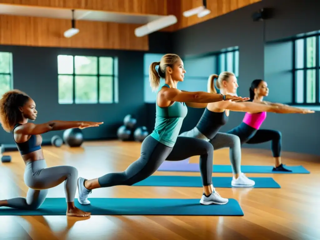 Rutinas de ejercicios para fortalecer los huesos en un gimnasio moderno Grupo diverso hace ejercicios de fortalecimiento óseo en gimnasio moderno con equipamiento de vanguardia