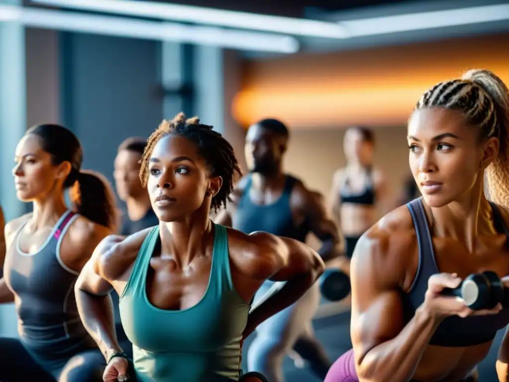 Rutinas de ejercicio variadas en moderno gimnasio Un grupo diverso se ejercita en un gimnasio moderno y luminoso, destacando su definición muscular y concentración
