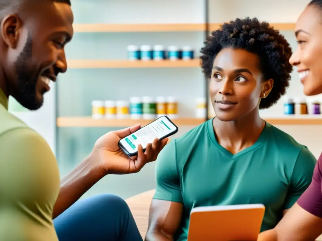 Conversaciones sobre suplementos nutricionales: información clara y precisa Grupo diverso analiza la guía de suplementos nutricionales deportivos en ambiente moderno iluminado, promoviendo información precisa y accesible