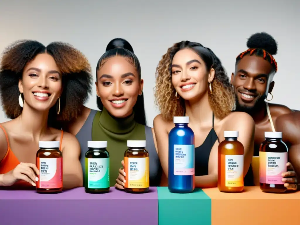 Influencers auténticos promocionan suplementos transparentes Un grupo diverso de influencers sostiene botellas transparentes de suplementos, con expresiones honestas y auténticas