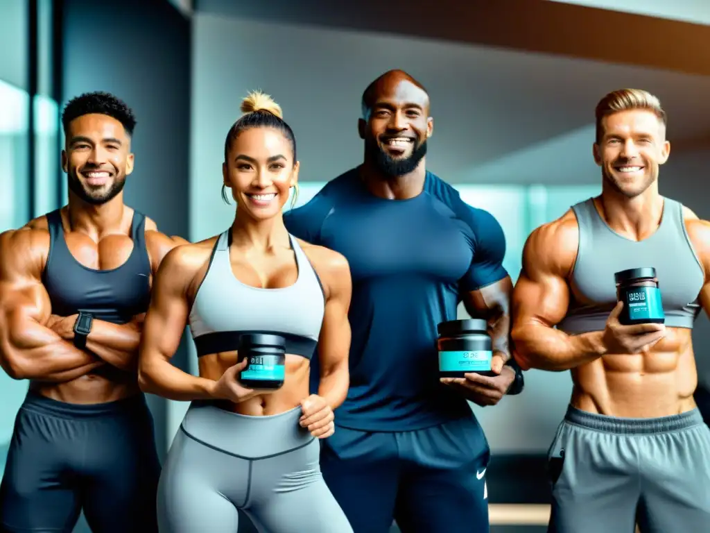 Influencers fitness promocionando suplementos en gimnasio Grupo diverso de influencers fitness promocionando suplementos en un gimnasio moderno, destacando estrategias de marketing de influencers suplementos