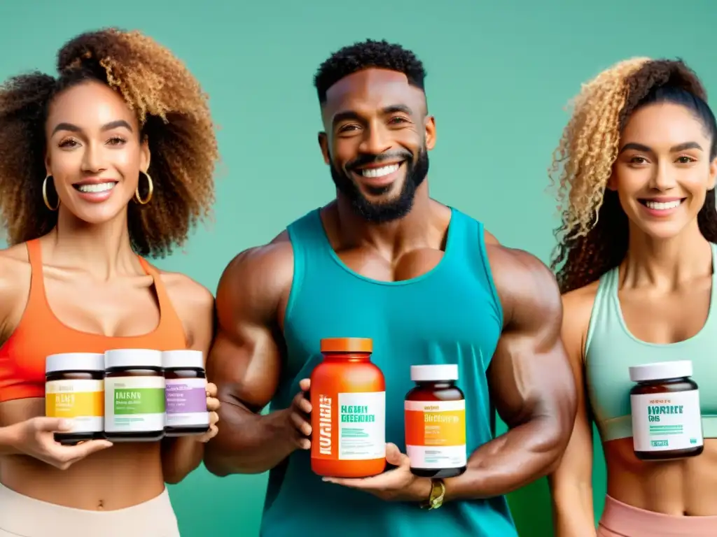 Influencers auténticos promocionando salud y fitness Un grupo diverso de influencers promocionando suplementos de salud y fitness con transparencia y autenticidad