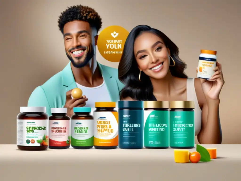 Influencers auténticos promocionando suplementos naturales Un grupo diverso de influencers promocionando suplementos con transparencia y autenticidad en un entorno moderno y profesional