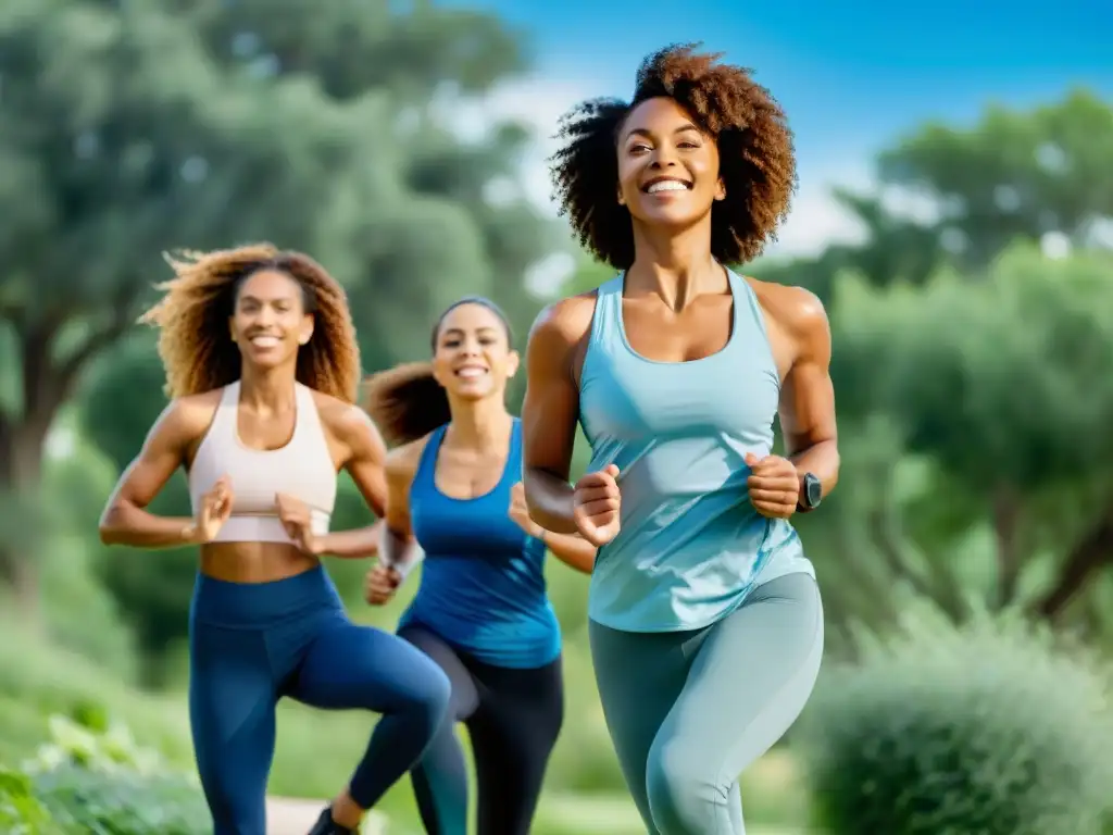 Mujeres en menopausia: empoderamiento y vitalidad con ejercicio Un grupo diverso de mujeres disfruta de actividades físicas en la naturaleza, irradiando empoderamiento y vitalidad