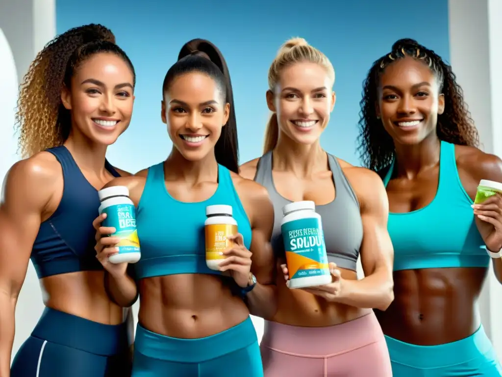 Atletas empoderadas con suplementos nutricionales Un grupo diverso de mujeres deportistas sostiene suplementos nutricionales, listas y determinadas para sus rutinas, en un gimnasio moderno