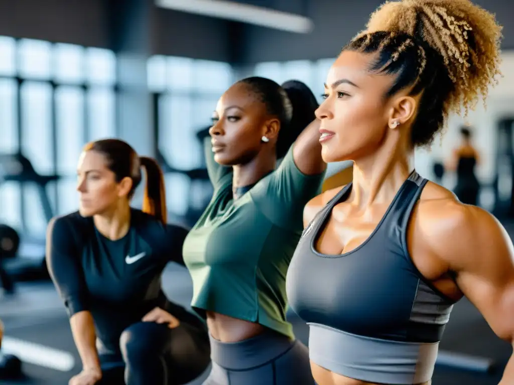 Empoderamiento femenino en el gimnasio: diversidad, fuerza y determinación Un grupo diverso de mujeres se prepara para el entrenamiento en un gimnasio moderno, exudando confianza y determinación