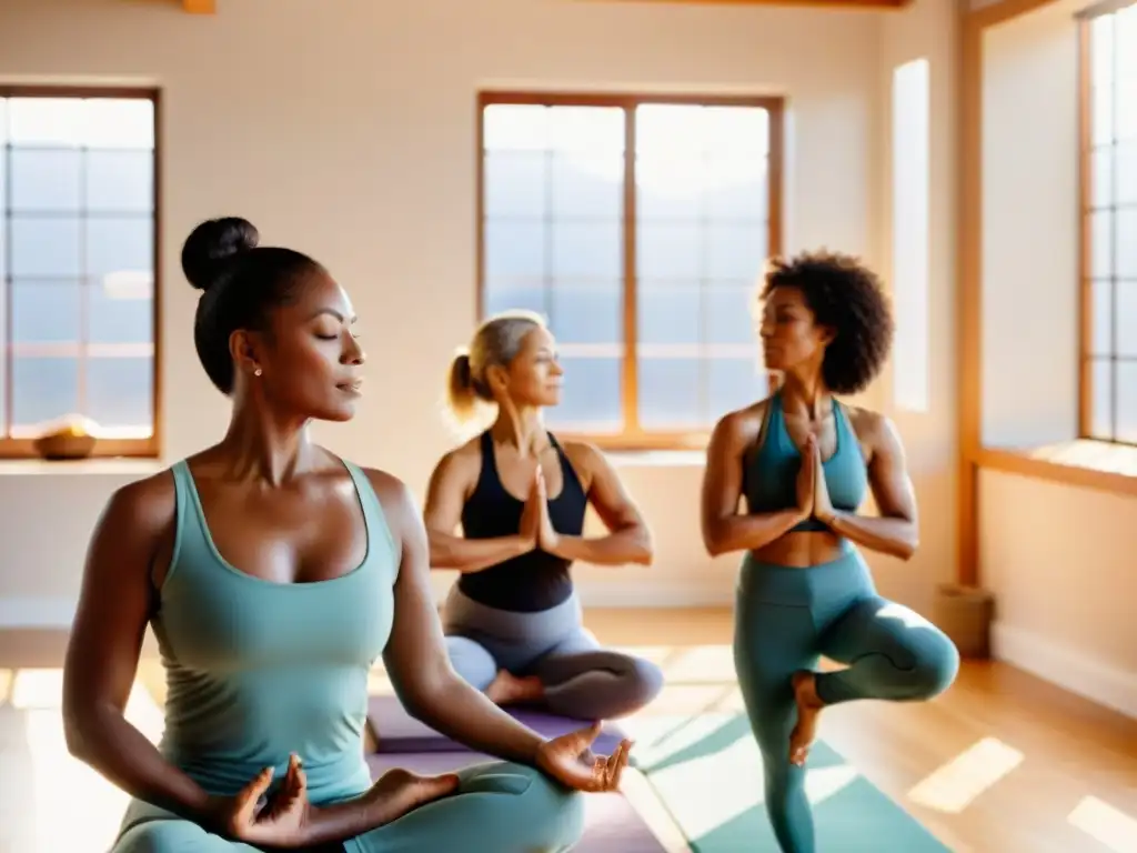 Yoga para Aliviar Síntomas Menopáusicos Un grupo diverso de mujeres practica yoga en un estudio iluminado por el sol, transmitiendo calma y serenidad