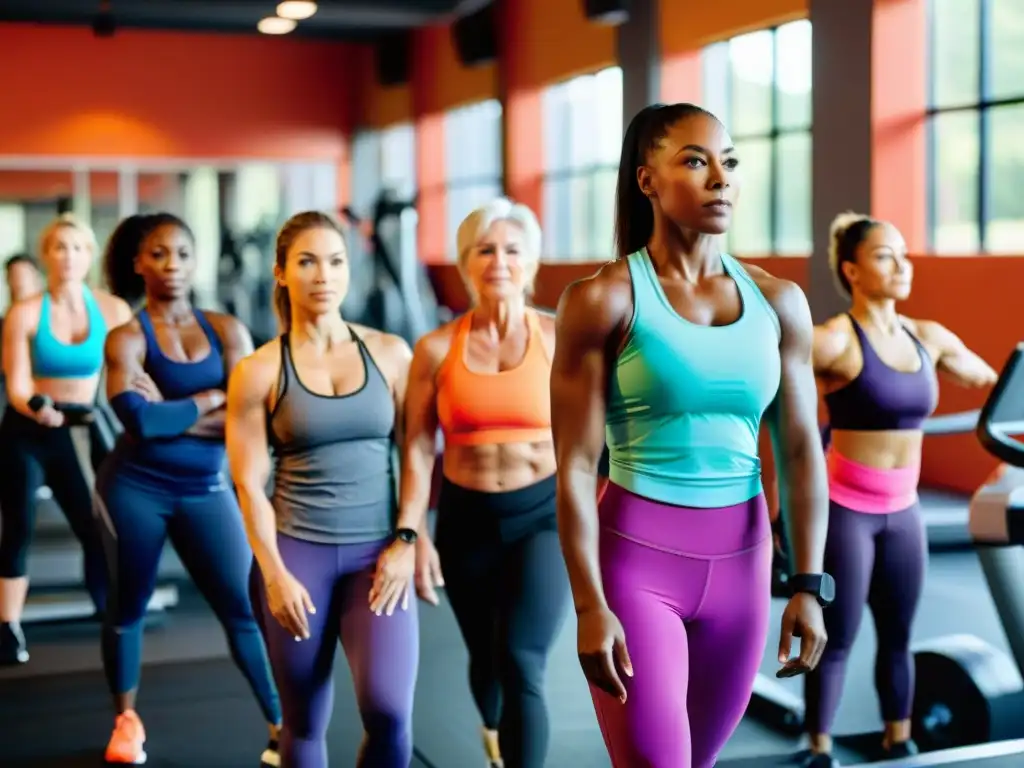 Empoderamiento femenino: diversidad en el gimnasio Grupo diverso de mujeres ejercitándose en el gimnasio, transmitiendo fuerza y determinación