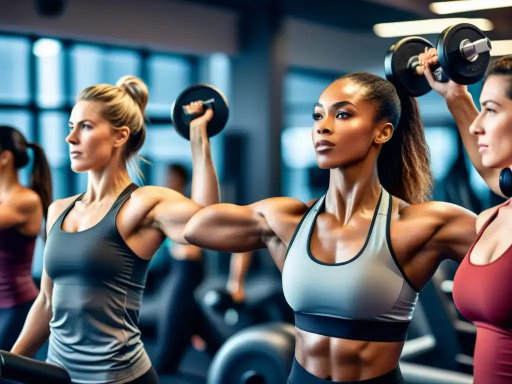 Empoderamiento femenino en el gimnasio: fuerza y determinación Grupo diverso de mujeres en el gimnasio, mostrando fuerza y determinación al levantar pesas