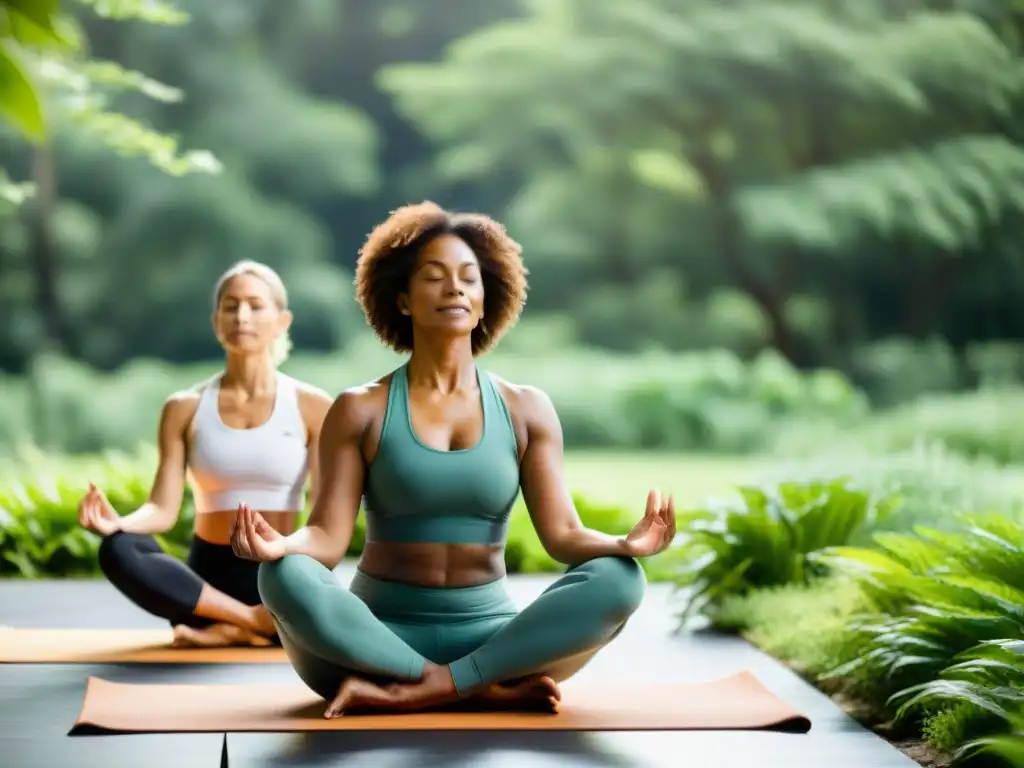Yoga para mujeres: paz y empoderamiento en la naturaleza Un grupo diverso de mujeres de mediana edad practica yoga en un entorno natural, irradiando calma y empoderamiento