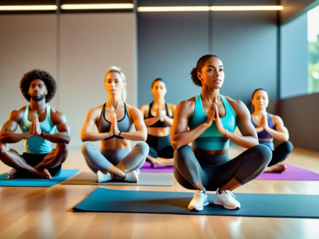 Grupo diverso en gimnasio con suplementos de calcio Un grupo diverso de personas practica ejercicios de fuerza en un gimnasio moderno, sosteniendo suplementos de calcio