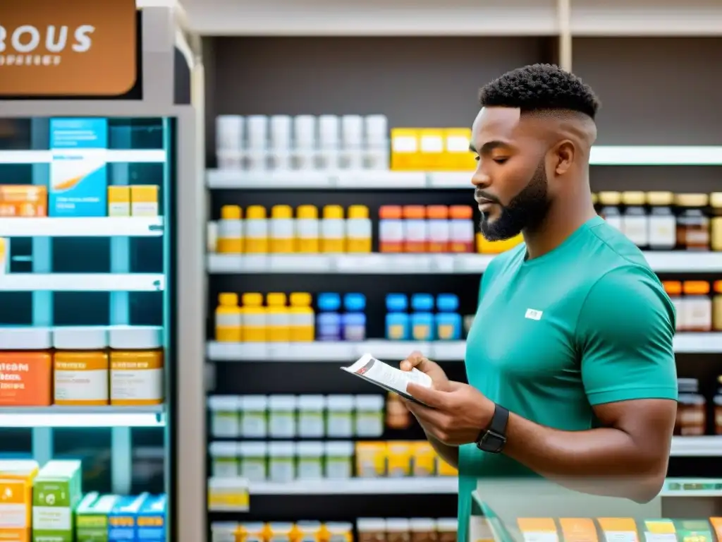Personas diversas escogen suplementos para diabéticos Un grupo diverso de personas lee detenidamente las etiquetas de suplementos nutricionales para diabéticos en una tienda moderna y luminosa