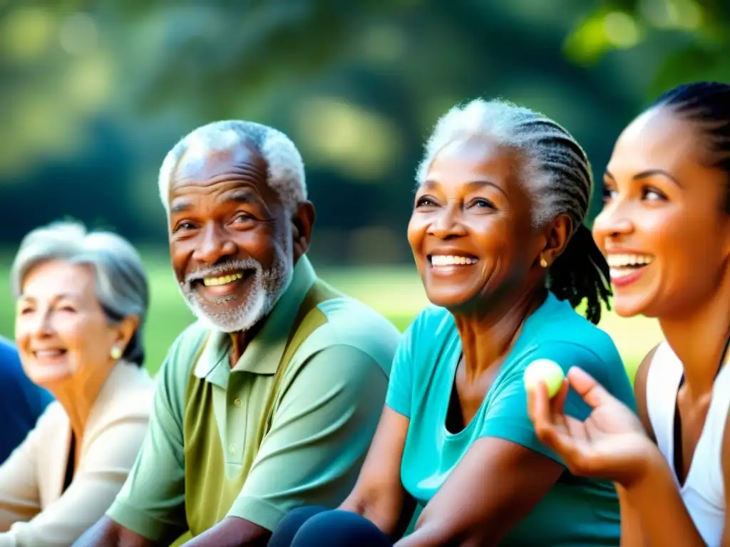Vitalidad Senior: Senior activos y saludables con suplementos Un grupo diverso de personas mayores participa en actividades saludables con expresiones vitales, resaltando el impacto positivo de los suplementos para salud geriátrica